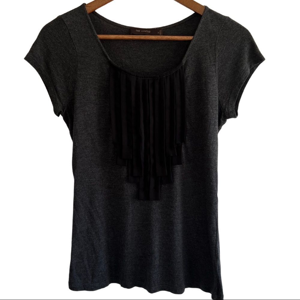 The Limited Dark Soft Gray Short Sleeve Top with black Ruffle Design Sz Small